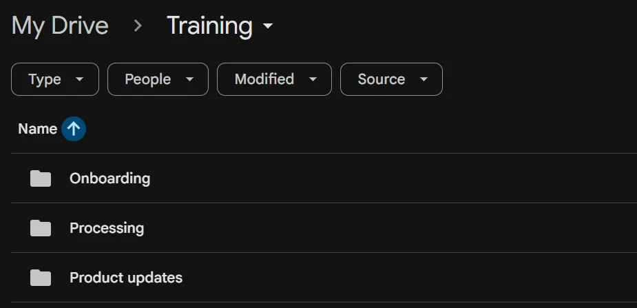A Google Drive Training folder with Onboarding, Processing, and Product updates subfolders