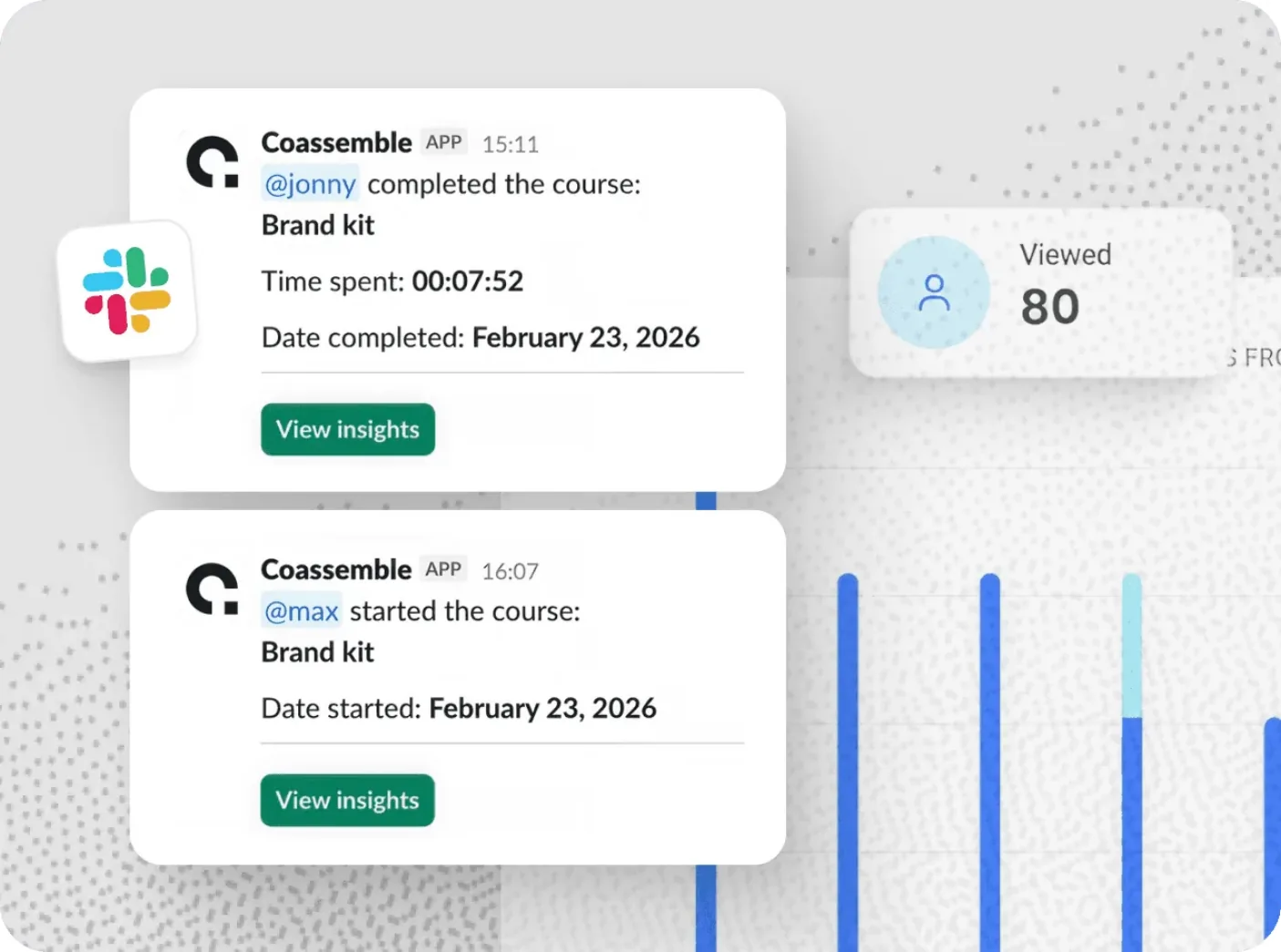 Coassemble notifications in Slack showing course starts and completions